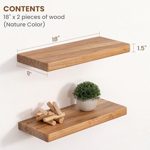 Image of Floating Shelves for Wall, 18 inchWx8 inchD Rustic Solid Elm Wood Floating Shelves Wall Mounted, Round Edge Wall Shelves with Invisible Bracket for Living Room Bathroom Bedroom Kitchen, Set of 2, Natural