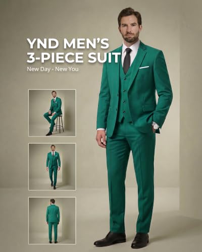 Image of YND Men's 3 Piece Suit with Tie, Solid Color Slim Fit Jacket Vest and Pants
