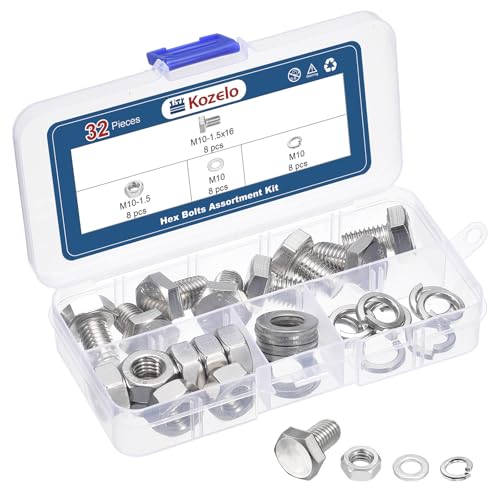 Kozelo 32Pcs Bolts and Nuts Washers Kit-M10-1.5x16 304 SS Hex Tap Bolt