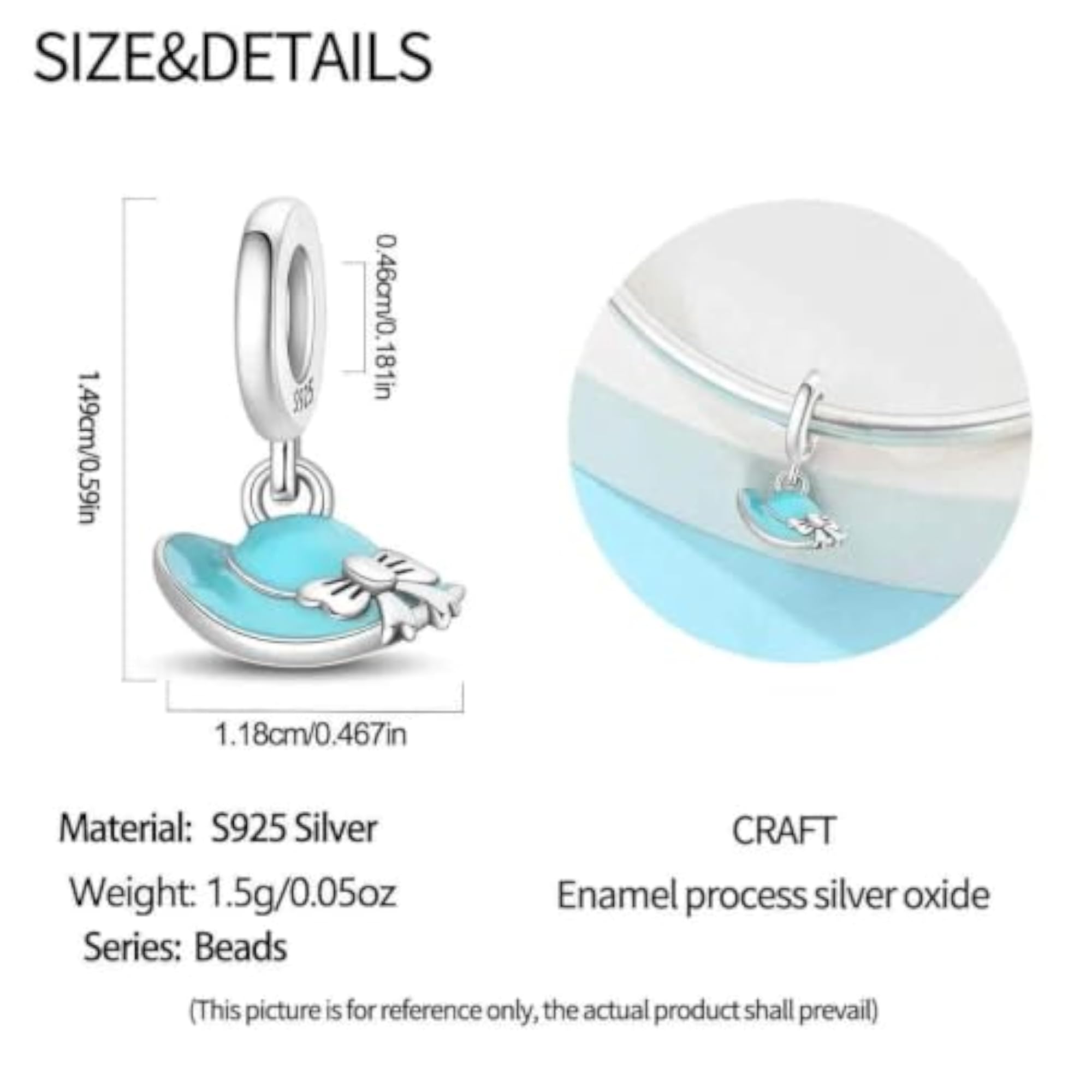 Women's 925 Sterling Silver Ocean Blue Hat Charm Pendant, Gift