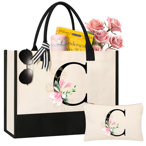 AYGE Personalized Initial Canvas Beach Tote, Monogrammed Gifts for Women, Makeup Bag, Birthday Gifts for Sister, Mom, Teacher, Bridesmaid (C)