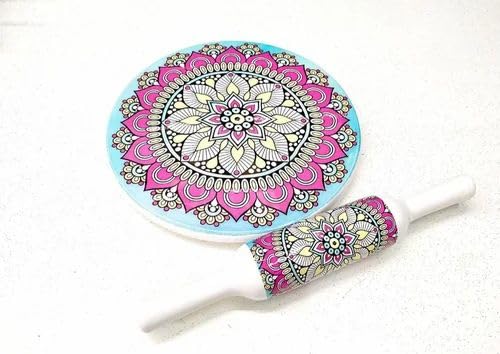 Home Arts Premium Natural Marble Chakla Roti Maker Rolling Board with Wooden Belan | No Dyes or Polish - Natural Finish | Chopping Board Home House Ghar Kitchen Rasoi Gift Decor (15.)