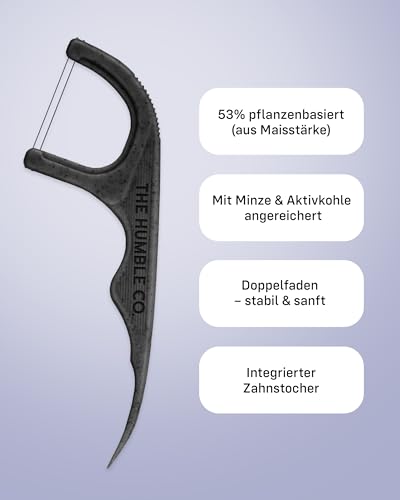 Zahnseide Stick pflanzlich und nachhaltig von The Humble Co. - 200 Stück (4×50) Zahnseide Sticks mit Minze und Aktivkohle Doppel-Faden zur Zahnreinigung Zwischenräume, von Zahnärzten empfohlen