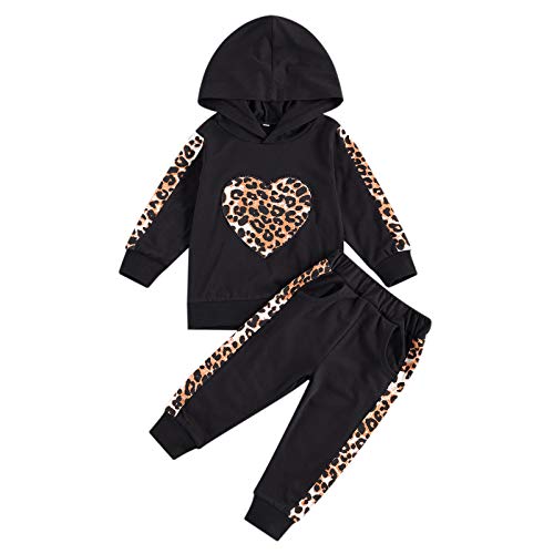 Bulingna Casual Kids Toddler Baby Girl Leopard Heart Hoodie Sweatshirt Pullover Top And Long Pants Joggers Tracksuit Set (Black, 3-4T) #TOP6