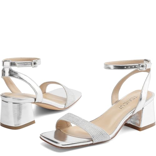 Image of TEAIEUI Block Heels for Women, Square Open Toe Heeled Sandals, Chunky Ankle Strap Shoes for Dress, Party, Prom, Low Heel 2 inch