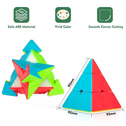 Image of Stickerless Pyraminx Speed Cube with Stand & Guide for Kids & Adults | Smooth-turning STEM puzzle with display stand. Great for classrooms, travel, office desks, gifts and brain training.