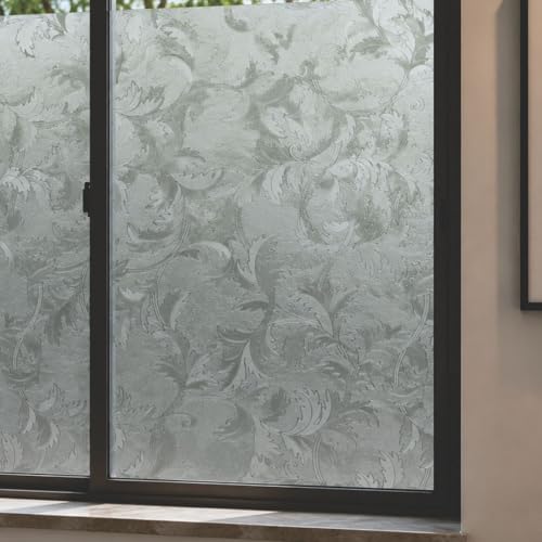 Image of CVANU Frosted Floral Leaf Privacy Window Film, Self Adhesive Waterproof Vinyl Decorative Glass Covering Sheet for Doors, Windows, Bathroom, Home & Office Use (24 x 240 Inch)