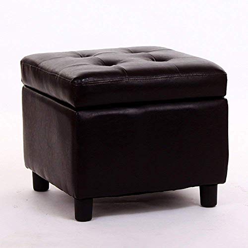 Repose-pieds ottoman carré en cuir noir et bois noble pour salon chic