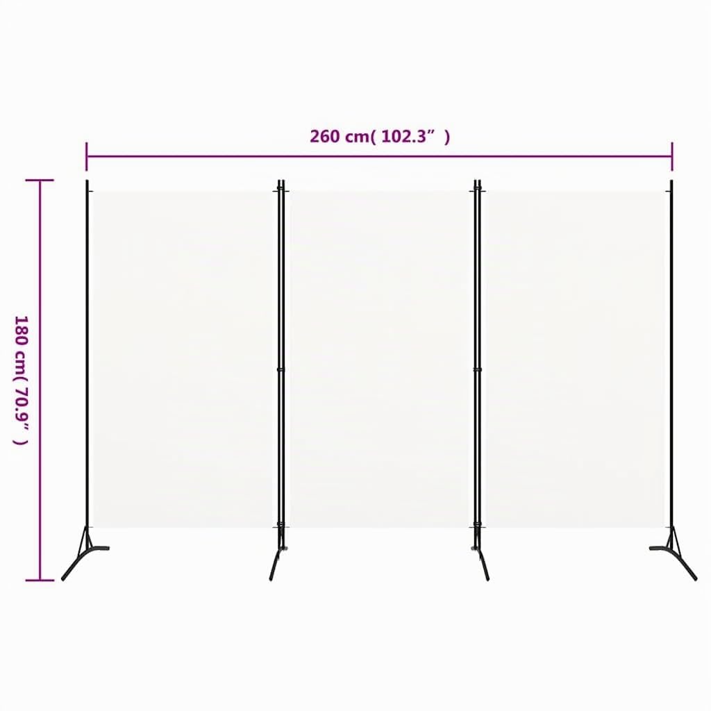 vidaXL Biombo de 3 Paneles, 260x180 cm, Tela de Poliéster y Marco de Hierro, Blanco, Pantalla de Privacidad Plegable, Separador Móvil, Dormitorio y Oficina, Decoración Hogar