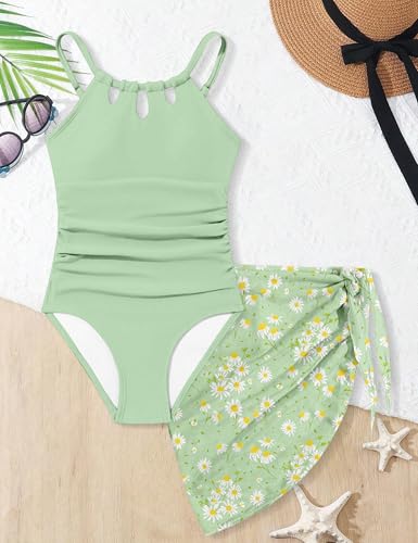 Image of KANGKANG Girls Swimsuit Quick Dry Cut Out One Piece Swimsuits with Tropical Print Cover Up Skirt Bathing Suit Swimwear 7-18Y