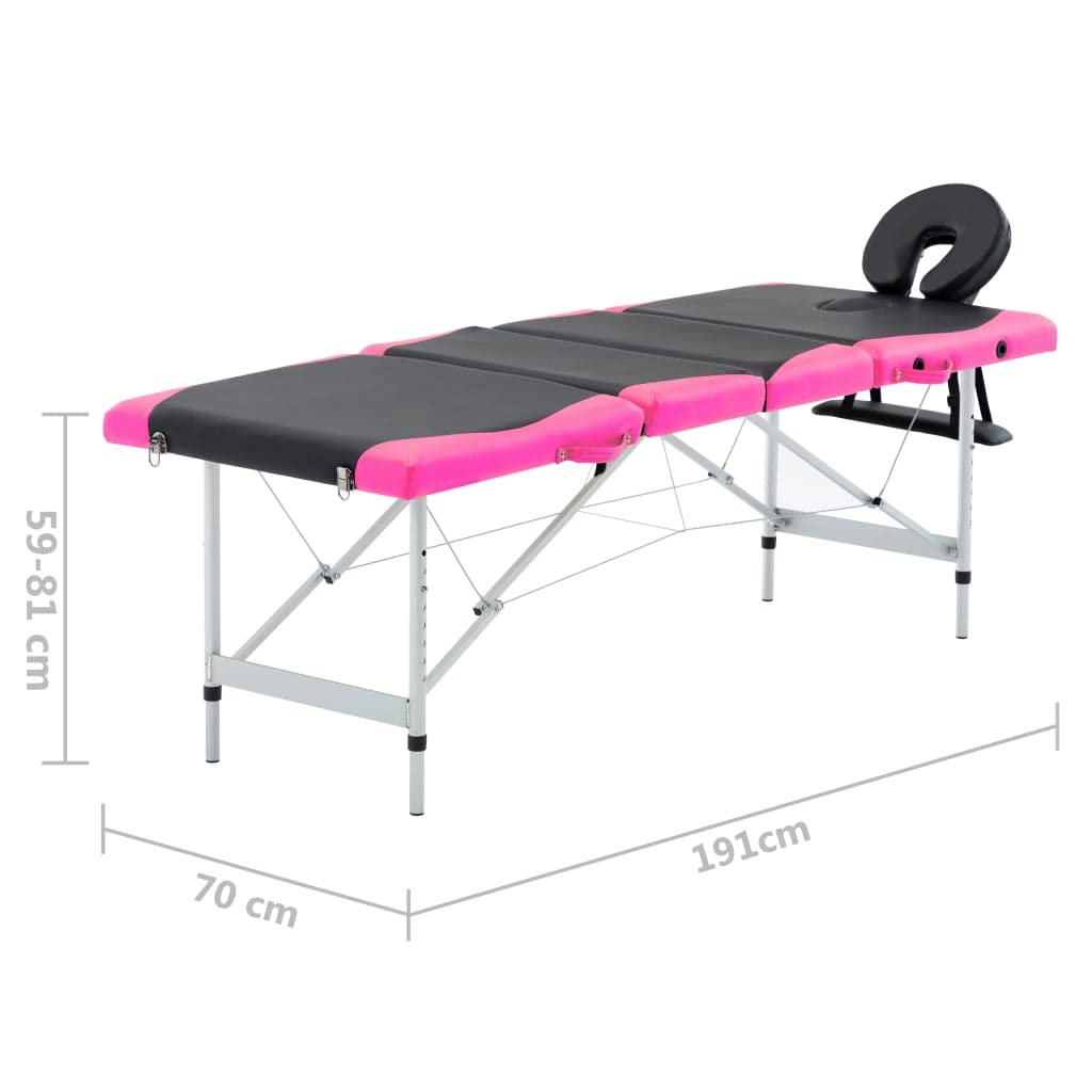 Massageliege Klappbar 4-Zonen Aluminiumgestell Schwarz und Rosa mit Tasche, Höhenverstellbar, Ergonomisch gepolstert, Stabil und Mobil für Praxis, Studio, Kosmetikliege