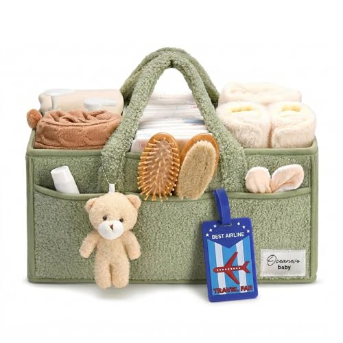 Image of OCEANEVO Cute Fur Diaper Caddy Organizer Bag WITH Luggage Tag AND Bear Charm, Baby Basket Essentials for Newborn Baby Products Storage with Compartments and Handle - 38 x 25 x 18 cm - Model 3 - Green