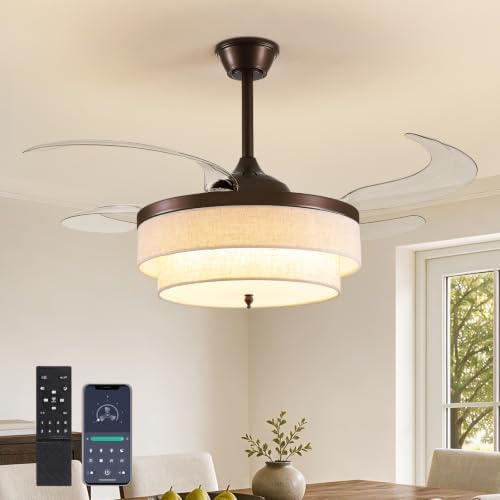 CROSSIO 48" Brown Modern Ceiling Fans with Lights Boho Fandelier Retractable Ceiling Fan Light Dimmable Fabric Chandelier Fan for Living Room Dining Room Bedroom