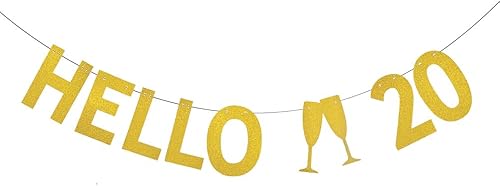 WEIANDBO - Cartel dorado con purpurina, Hello 20, premontado, decoración de fiesta de cumpleaños de 20 años, telón de fondo con texto "Hello 20" disponible en Yaxa Colombia