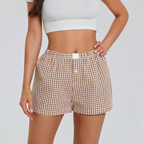 Image of Womens Boxer Shorts Gingham Y2k Pajama Cute Plaid Striped Print Lounge Sleep Shorts