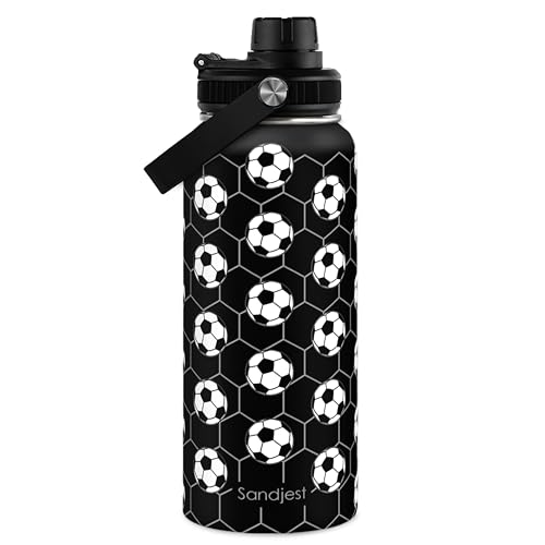 Image of SANDJEST Soccer Insulated Stainless Steel Water Bottle 32oz, Aesthetic Sport Vacuum Chug Lid Travel Tumbler for Men Friends Boys Dad Brothers, Gifts for Birthday Christmas Fathers Day
