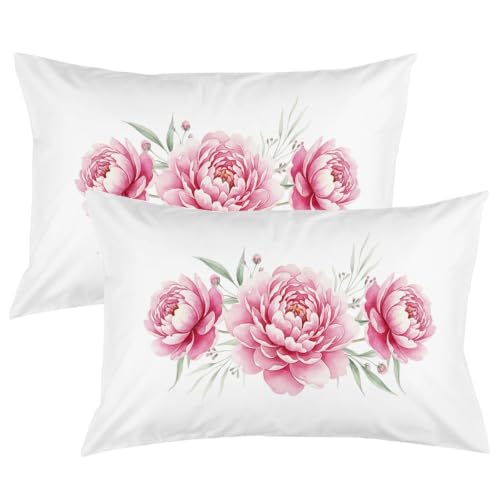 Floral Pillowcase Set of 2, Pink Peony Design Watercolor Botanical Bedding, Soft Microfiber Standard White Pillow Cover for Bedroom Romantic Cottagecore Decor 20x36 Inches