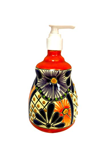 Talavera Ceramic Soap and Lotion Dispenser, for Kitchen or Bathroom Countertops - Hand Painted Mexican Pottery - Jabonera Campana Multicolor