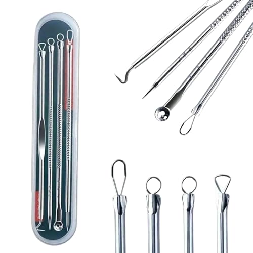 Removedor Extrator de Cravos e Espinhas Kit com 4 Peças com Estojo Aço Inox Profissional Ideal para Higiene da Pele skin care Higienico Cureta Linha Premium