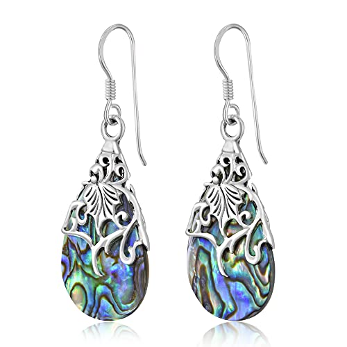 AeraVida Floral Vine Ornate Teardrop Abalone Shell .925 Sterling Silver Earrings | Abalone Earrings2