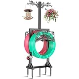 ODSNANIE Garden Hose Holder for Outside,Water Hose Holders with 2 Bird Statue Shepherds Hooks & 5 Spikes,Double-Sided Freestanding Hose Stand Heavy Duty Hose Storage Rack for Outdoor Yard Lawn Farm