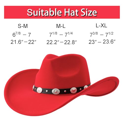 Lanzom Women Men Felt Wide Brim Western Cowboy Hats Belt Buckle Panama Hat(Red, Medium)
