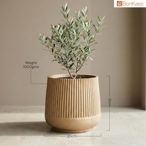 Image of BonKaso 12 Inch Audi Plant Pot for Indoor & Outdoor Use | Heavy Duty Durable Polymer Flower Pot Gamla | Lightweight Modern Planter for Living Room, Balcony, Terrace & Office Decor (Beige)