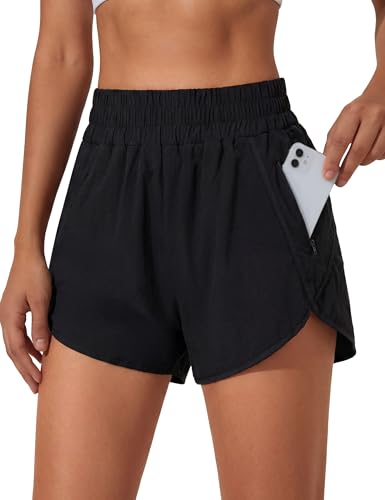 BMJL Women's Running Shorts - Elastic High Waisted With Pocket, Quick Dry Athletic Pants for Sporty Workout, Black, Large