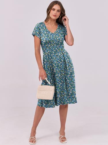 Image of ANRABESS Women Summer Dress Casual Short Sleeve V Neck A-Line Knee Length Pleated Flowy 2026 Fashion Midi Dresses with Pocket