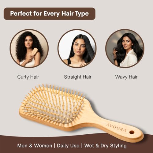 Image of Neem Wooden Hair Brush, Soaked in 21+ Herbs Amla & Bhringraj Oils | Anti-Static Detangling Brush Reduces Dandruff, Frizz & Breakage (Kacchi Neem Wood Bristles)