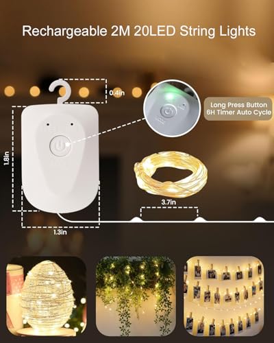 Mini Aufladbare Lichterkette Timer, 2M 20LED Warmweiß LED Lichterketten mit Wiederaufladbar USB-Kabel, Wasserdicht Lichterkette Innen für Weihnachten Valentinstag Hochzeit Party Zimmer Deko (3 Stück)