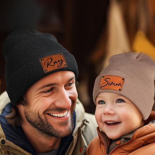 Personalized Toddler Beanie Hat, Custom Name Beanie Hat with Leather Patch, Boys Girls Beanies Kids Knit Winter Hats2