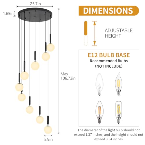 Image of 9-Lights Black Chandelier with Milk White Glass Mid Century Modern