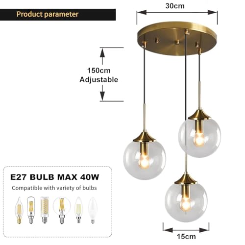 Lámpara colgante vidrio de 3 luces ajustable para techo de dormitorio o pasillo 5