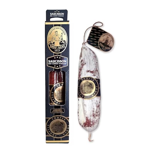 FONT-SANS 1917 Salchichon Iberico, Salami, Schwarz Swein – Bauernwurst mit Schwarzem Trüffel – Trockenwurst, Spanische Gourmet-Charcuterie-Tradition aus den Pyrenäen (200g) (SCHWARZER TRÜFFEL)