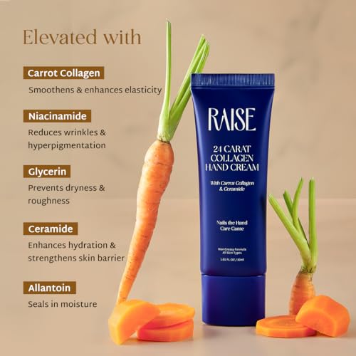 Image of Raise 24 Carat Collagen Hand Cream | Anti-Aging Moisturizer for Hands with Niacinamide, Ceramides & Carrot Collagen | Fades Wrinkles & Fine Lines | 30ml