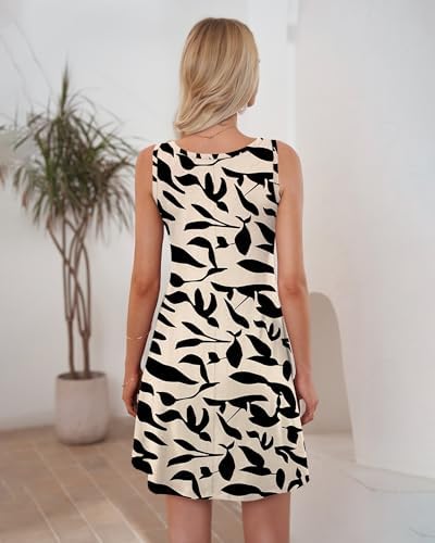 WNEEDU Sun Dress 2026 Casual Loose Vacation Dress Apricot Black Leaf S - 4