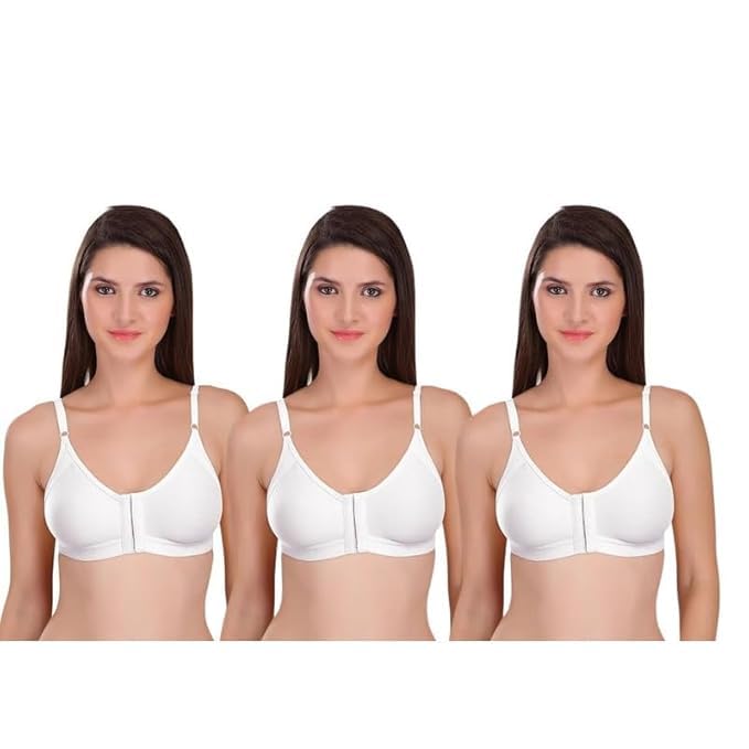 Cotton Front Open Bra for Women Daily Use | Non-Padded, Non-Wired | Sweat Absorbent Seamless Bra | Full Coverage Regular Wear(Pack of 3) (White)-picture-33