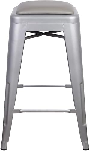 Miniatura 3 de GIA Taburete de metal sin respaldo de altura de mostrador de 24 pulgadas con asiento vegano gris, gris