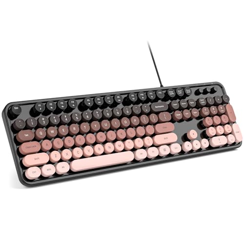 Image of MOWUX Computer Keyboard Wired, Plug and Play USB Retro Round Typewriter Keyboard, Full Size Wired Keyboard with Foldable Stands for Laptop and Office PC- BlackBerry Gradient
