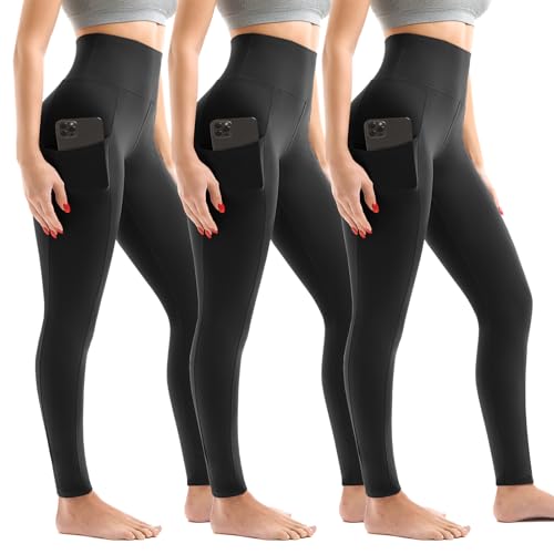 Walifrey Women’s High-Waist Leggings with Pockets, 3-Pack (Black, L/XL)