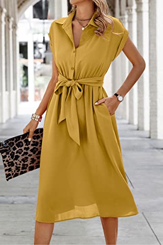 Image of ECOWISH Womens Casual Midi Dresses Solid V Neck Short Sleeve Button Shirt Belted Dress with Pockets for Spring Summer 2026