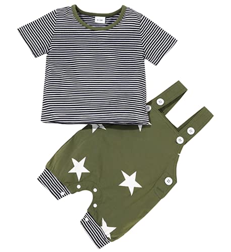 DINGDONG'S CLOSET Baby Tollder Summer Striped Short Sleeve T-Shirt+Star Short Overalls Outfit Set(Green, 18-24M)