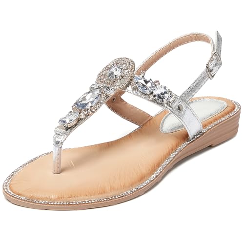 iCKER Women Rhinestone Sandals T-Strap Buckle Bohemian Pearl Crystal Flat Sandals