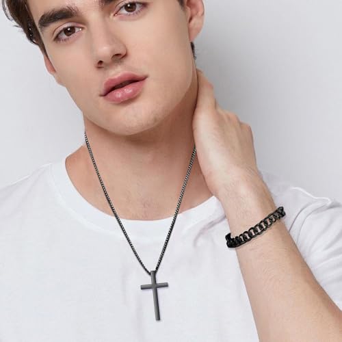 XSDSLS 3 Stück Herren Schmuck Set Edelstahl Kette mit Kreuz Anhänger Kubanische Armband Spinner Ringe Kreuz Halskette mit Box-Kette Halloween Hochzeit Geschenke für Herren Männer (Silber)