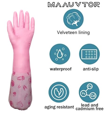 Image of Reusable Heavy Duty Hand gloves for Dishwashing, gardening, kitchen cleaning Non-Slippery & Durable Long Elbow Length(Inner cotton lining for comfort), 1 Pair (Fruit Pink)