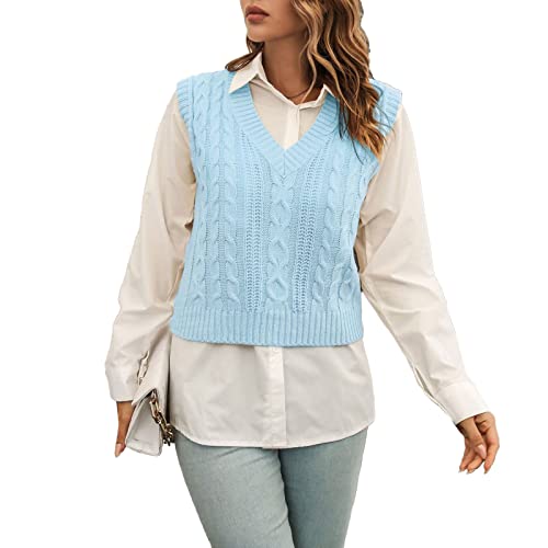 Women's Stripe Sweater Vest Classic V Neck Cable Knit Vest Sleeveless Pullover Ribbed Tank Tops