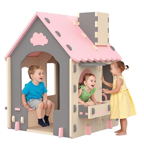 Kids Playhouse Kitchen Theme Indoor Outdoor EVA Play House for Toddlers Soft Foam Playhouse for Kids Outdoor & Indoor Pretend Play Easy Assembly Play House Outside (Pink Gray Beige Style 1)
