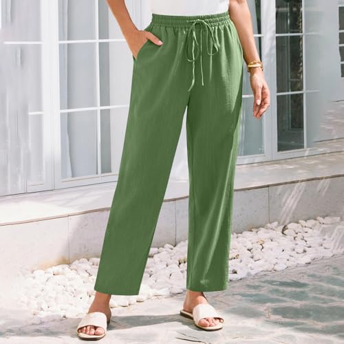 Linen Pants Women Trendy 2025 Casual Summer High Waisted Drawstring Lounge Trousers Straight Leg Pant with Pockets3