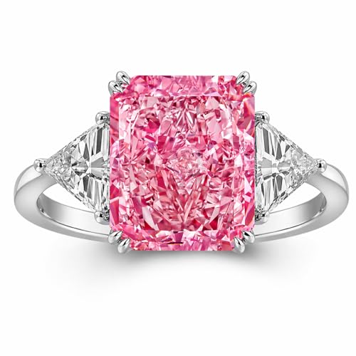 RODIFFY 4.0CT Radiant Cut Pink Stone Engagement Rings for Women, S925 Silver 3-Stone 5A Cubic Zirconia Promise Ring (Pink Stone, 6)